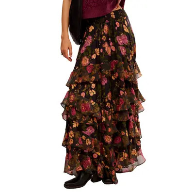 Free People Lolita Floral Ruffle Maxi Skirt in Wash Black Combo at Nordstrom, Size Small | Nordstrom