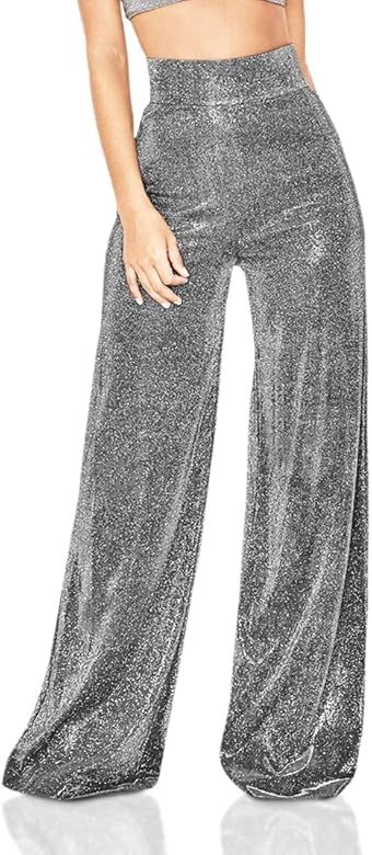 Velius Women's Sexy Metallic Sparkly Wide Leg Pants Trousers Clubwear | Amazon (US)