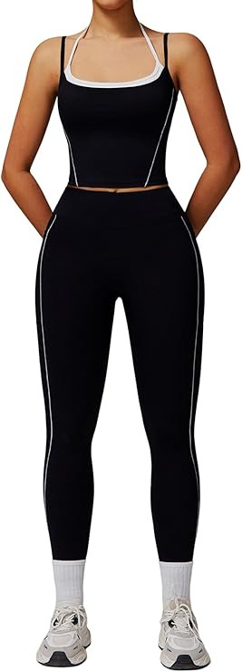QBGJTD Womens Workout Sets Two Piece Spaghetti Straps Tank Top Matching High Waist Leggings Gym W... | Amazon (US)