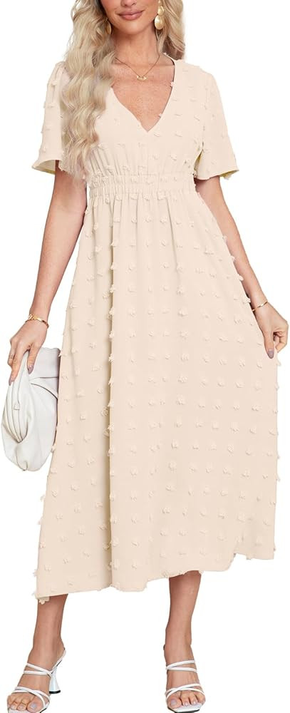 Simplee Womens Boho Maxi Dress Summer Wedding Guest Short Sleeve V Neck Swiss Dot Flowy Dresses | Amazon (US)