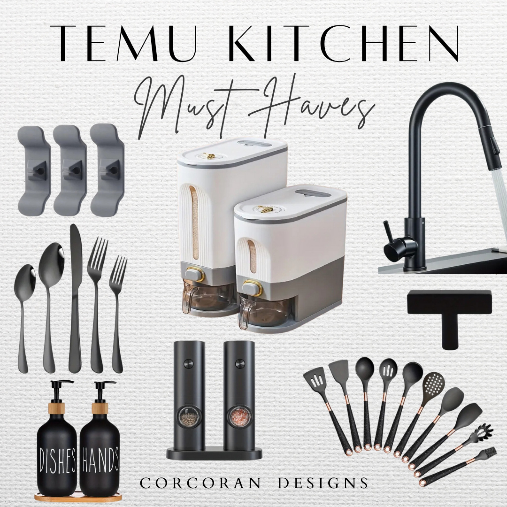 Temu kitchen must haves! Shop these affordable kitchen finds to make your kitchen look more aesthetic and modern! 

Kitchen finds, kitchen must haves, modern kitchen, Temu finds, affordable kitchen, black sink, black cooking set, black salt and pepper grinder, black chord hooks, black silverware, black hand soap holderr

#LTKhome #LTKMostLoved #LTKfindsunder50
