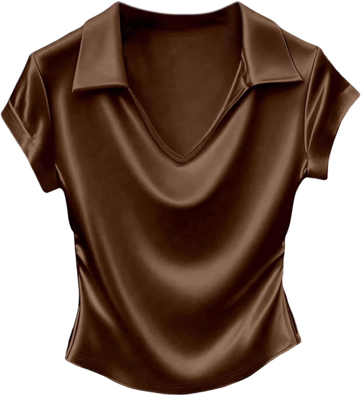 WDIRARA Women's Satin Collar V Neck Short Sleeve Top Work Shirt Summer Blouse | Amazon (US)