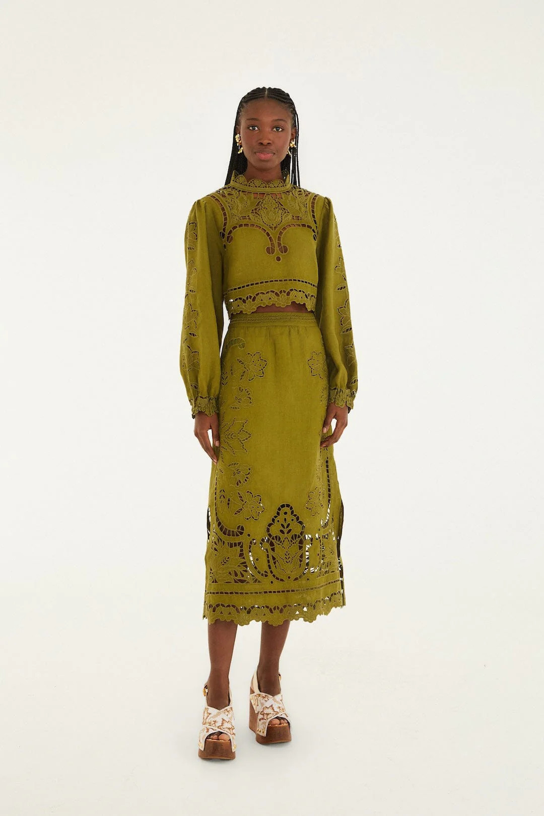 Green Majestic Garden Euroflax Premium Linen Richelieu Midi Skirt, GREEN / L | FarmRio (US)