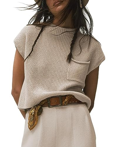 UANEO Sweater Vest Women Mock Neck Casual Cropped Knit Pullover Cap Sleeve Sweater for Women Top ... | Amazon (US)