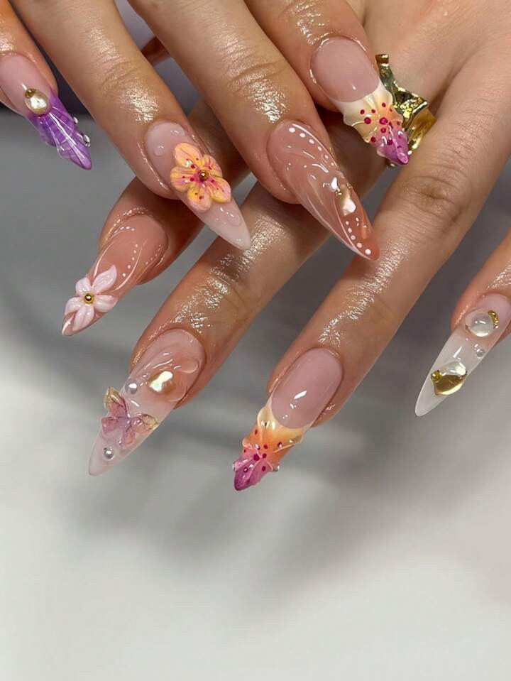 24pcs High-End 3D Asymmetrical Shell Flower Crystal Almond-Shaped Short Press-On Nails, Gentle & ... | SHEIN