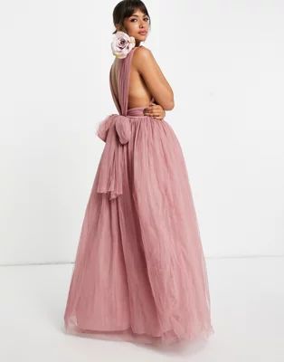 ASOS DESIGN tulle plunge maxi dress with bow back detail in rose | ASOS (Global)