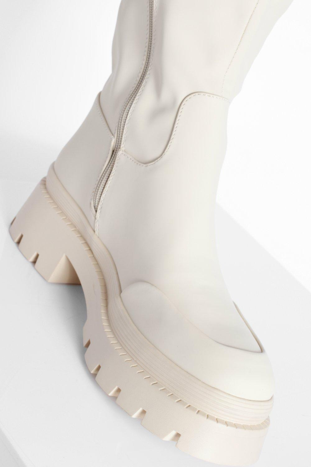 Toe Cap Detail Rubber Knee High Boot | Boohoo.com (US & CA)