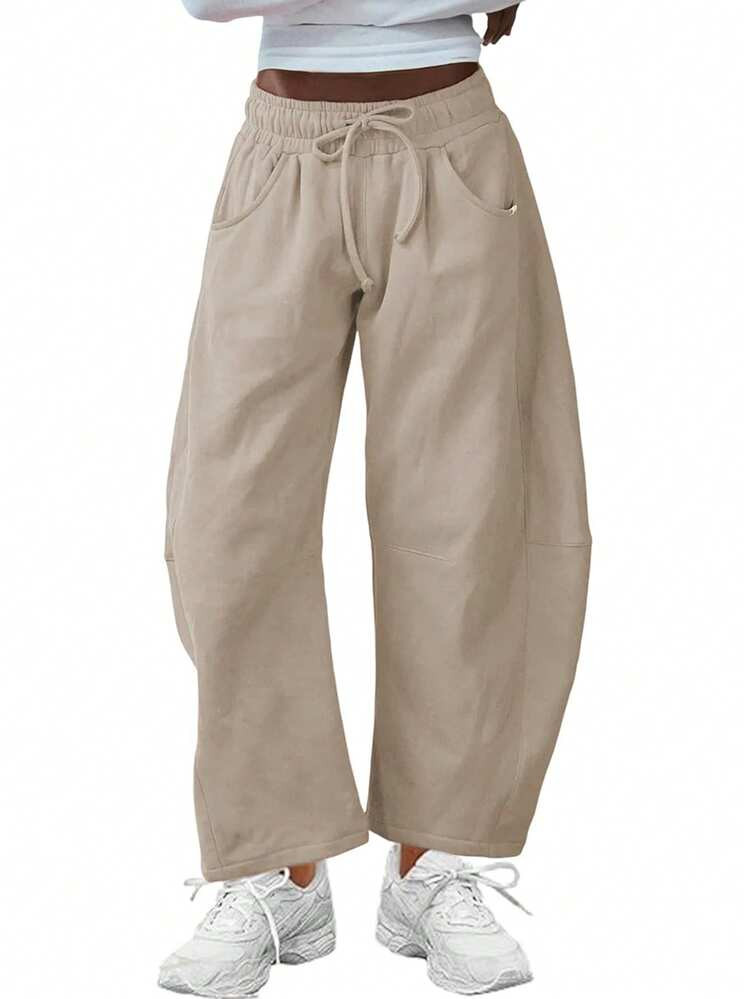 Women's Barrel Leg Sweatpant Drawstring Elastic Waisted Wide Leg Pants Casual Cotton Palazzo Trousers With Pockets | SHEIN