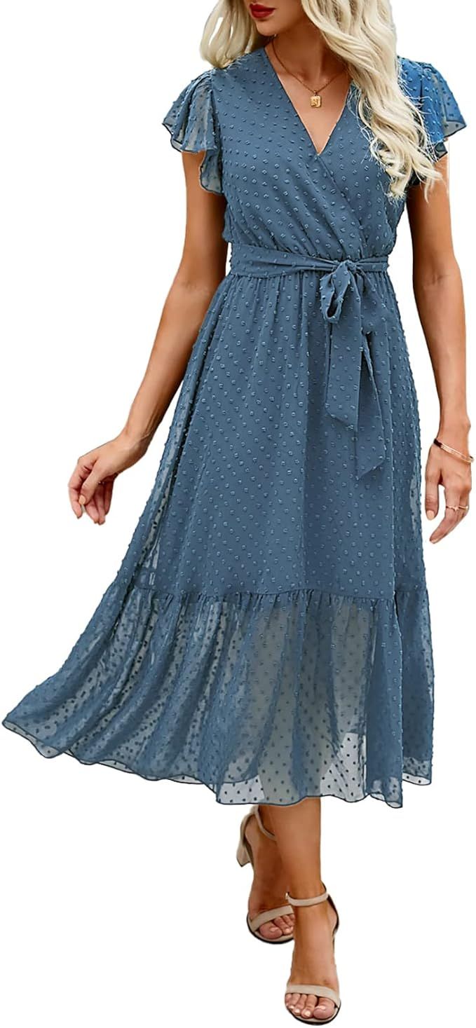 BTFBM Women Summer Bohemian Floral Casual Wrap V Neck Ruffle Cap Sleeveless Belt A-Line Pleated H... | Amazon (US)