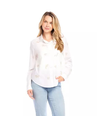 Karen Kane Women's Embellished Button Up Shirt, White, Medium | Belk