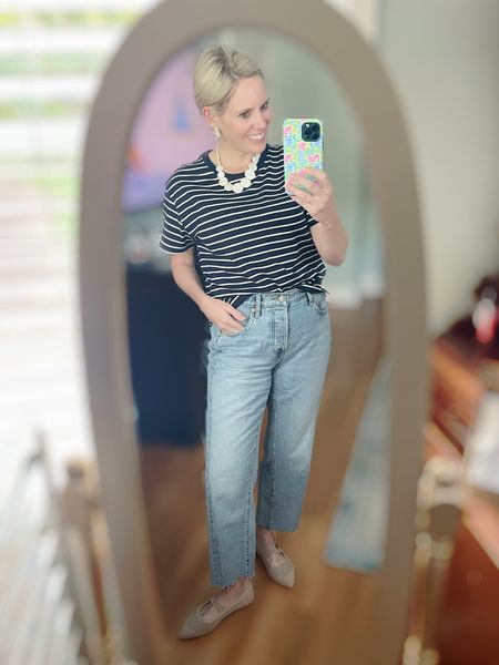 Mary Jane ballet flats, striped t-shirt, 90s loose jeans, mom outfit, classic outfit, preppy outfit 

#LTKOver40 #LTKFindsUnder50 #LTKxWalmart