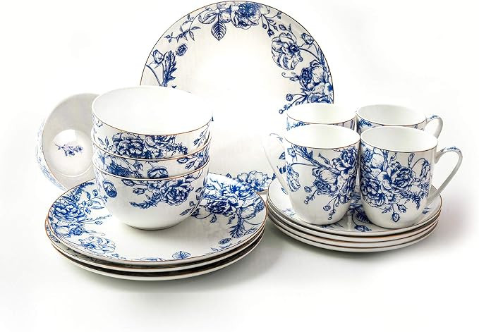 Blue Rose Plates and Bowls Sets Dishes Set for 4, Ceramic Plates and Bowls Set, Service for 4, Bo... | Amazon (US)