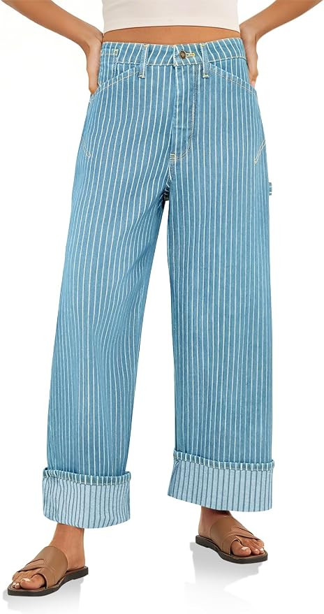Cicy Bell Womens Striped Wide Leg Jeans Baggy Cuffed Denim Pants | High Waisted，Side Pockets，... | Amazon (US)