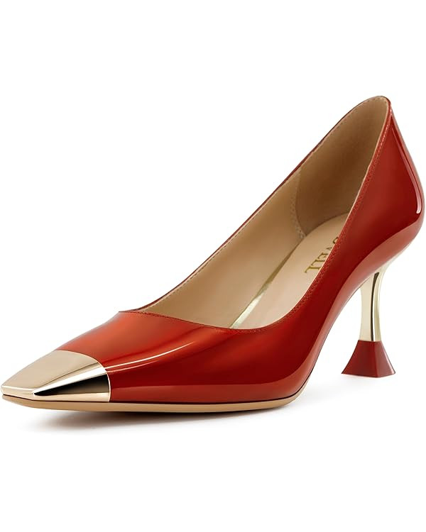 Red High Heels for Women Closed Square Toe Sexy Stiletto Pumps Kitten Heels Wedding Party Dress S... | Amazon (US)