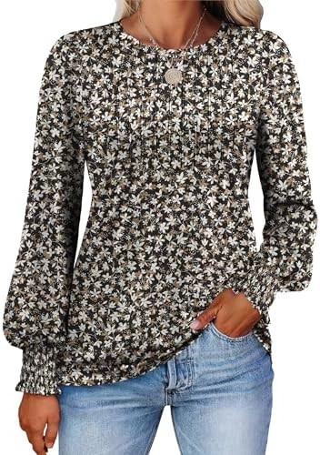 Prinbara Long Sleeve Shirts for Women 2025 Fall Tops Floral Print Pleated Dressy Casual Blouses | Amazon (US)