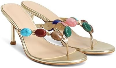 Jeweled Flip Flop Kitten Heels for Women Open Toe Beaded Strappy High Heels Sandals Slip On Thong... | Amazon (US)