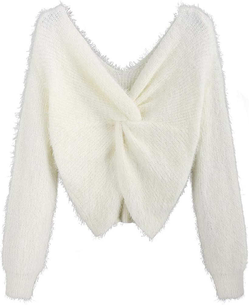 ZAFUL Women's V-Neck Criss Cross Twisted Back Pullover Knitted Crop Sweater Jumper Tops | Amazon (US)
