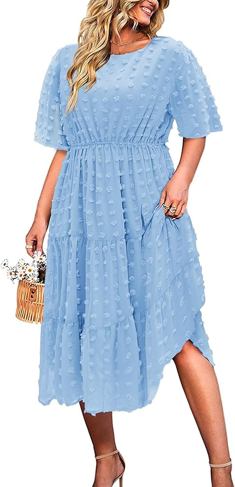 IN'VOLAND Womens Plus Size Swiss Dot Dress Chiffon Short Sleeve High Waist A Line Ruffle Tiered B... | Amazon (US)