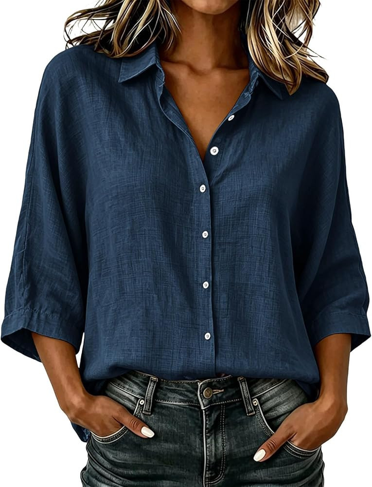 Linen Button Down Shirt Women Collared 3/4 Sleeve Flowy Tops Business Casual Cotton Shirts Dressy... | Amazon (US)