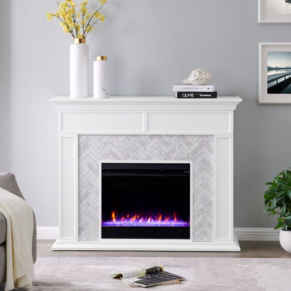 Torlington White Color Changing Marble-Tiled Electric Fireplace | Bellacor