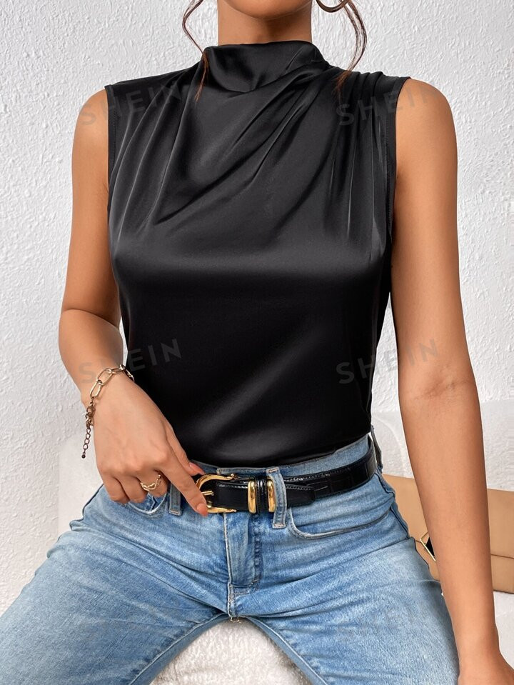 SHEIN Privé Mock Neck Satin Blouse | SHEIN