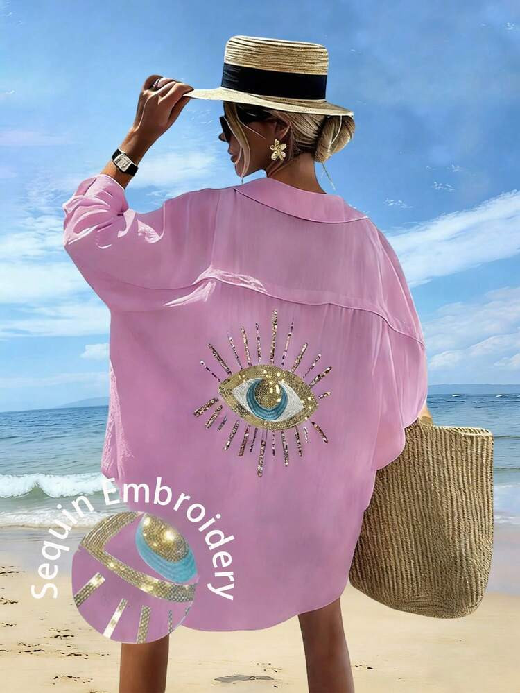 Vaclyn Women's Turndown Collar Single-Breasted Eye Print Casual Vacation Daily Wear Mid-Length Dress | SHEIN