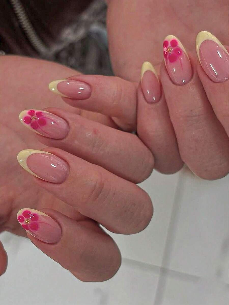 10Pcs Summer Minimalist Cute Yellow French Style Hand-Painted Gradient Floral Press-On Nails, Sui... | SHEIN
