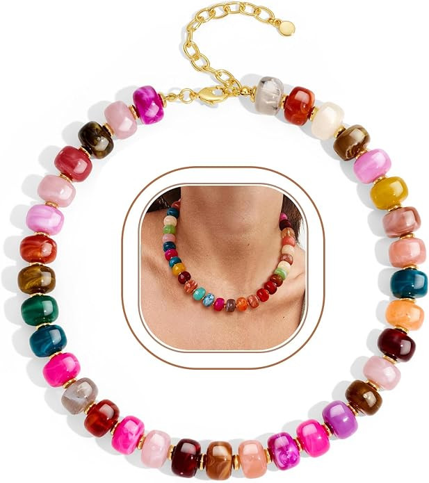 Beaded necklace for Women Boho Bead Gemstone Chunky Necklace Big Bead Necklace Fashion Trendy Sum... | Amazon (US)