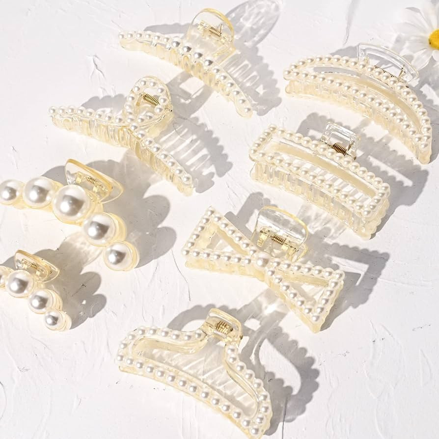 DEEKA 8 Pcs Large Pearl Hair Claw Clips White Black Hair Clips Fine Thick Long Hair Jaw Clips Bar... | Amazon (US)