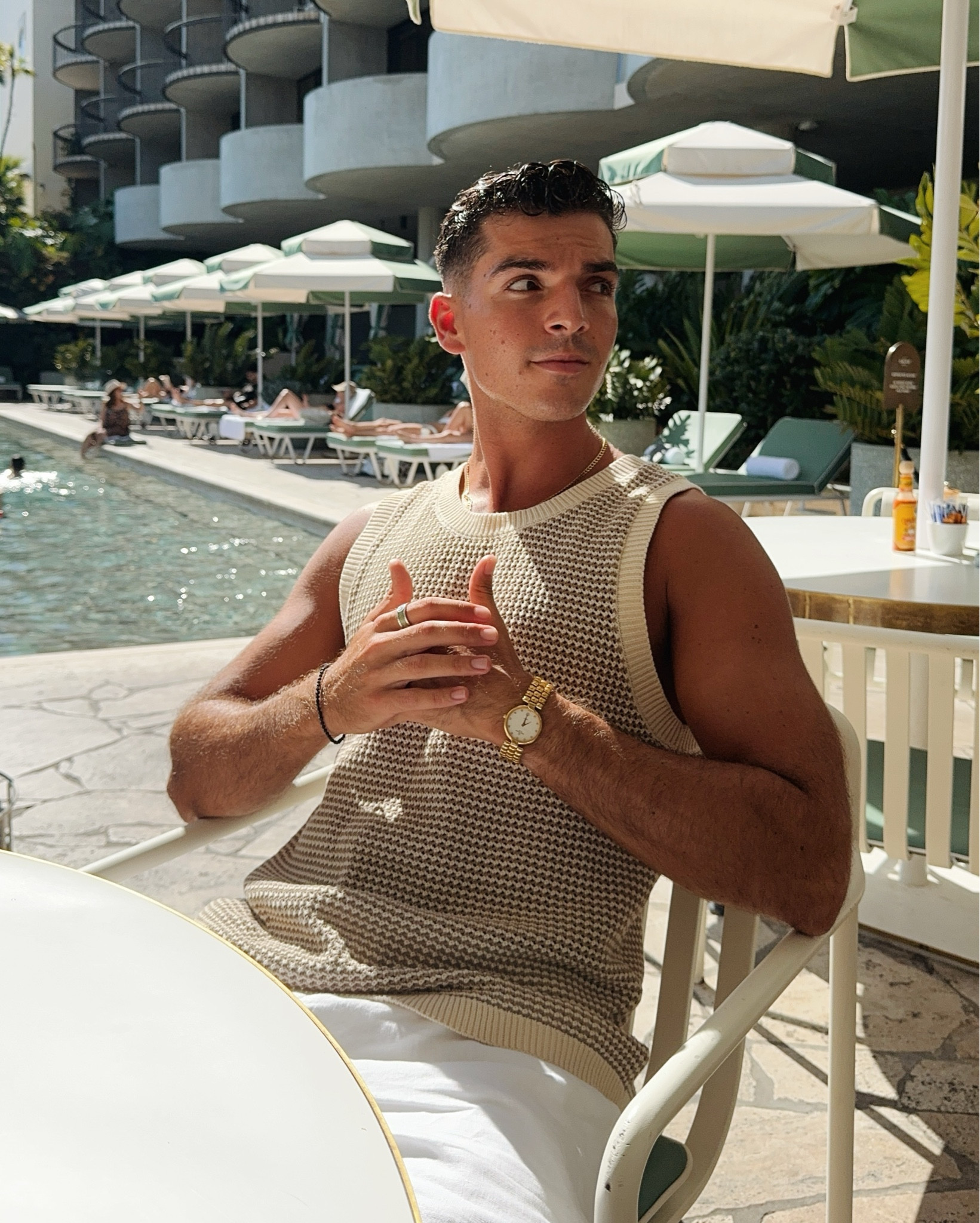 Birthday fit. Breakfast the pool in this Cotton Crochet tank from venroy with white linen shorts. Neutral fit feat my golden goose ⭐️

#LTKstyletip #LTKtravel