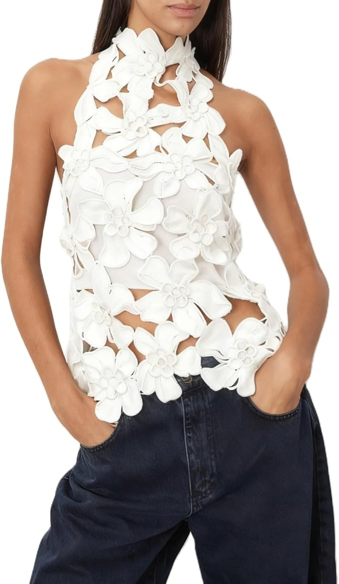 Women Hollow Out Floral Halter Top Embroidered Backless Mock Neck Tank Top Y2K Coquette Crop Tops... | Amazon (US)