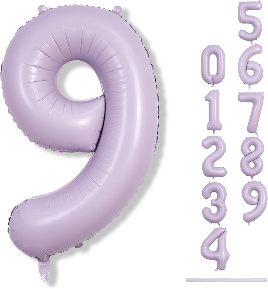 Dusty Pastel Purple Number 9 Balloons, 40 Inch Large Light Purple Foil Number Balloons Set 0-9 fo... | Amazon (US)