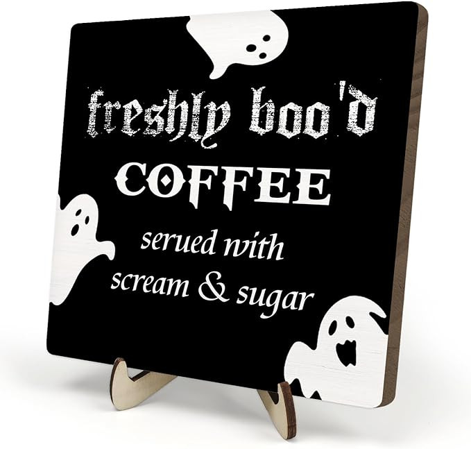 Freshly Boo'd Coffee Wood Sign, Halloween Coffee Bar Decor, Scream Sugar Spooky Season Haunted Ho... | Amazon (US)