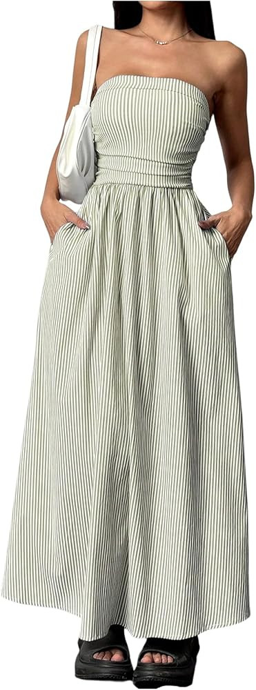 Milumia Women's Striped Strapless Maxi Dress Summer Casual Tube Top Long Dresses with Pocket | Amazon (US)