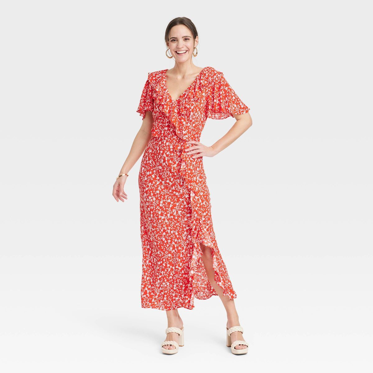 Women's Ruffle Short Sleeve Maxi Dress - A New Day™ Red Floral XS | Target