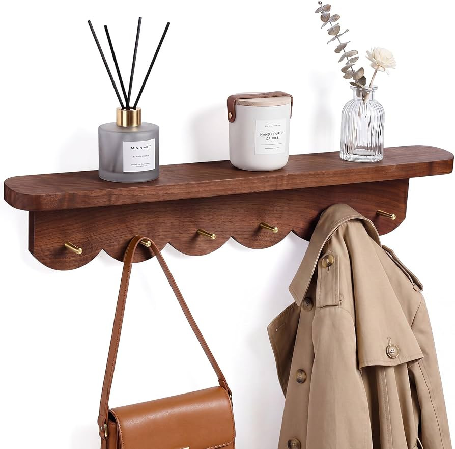 Lewtemi Coat Rack Wall Mount with Shelf 24.5" Scalloped Walnut Wood Coat Rack with 6 Hooks Entryw... | Amazon (US)
