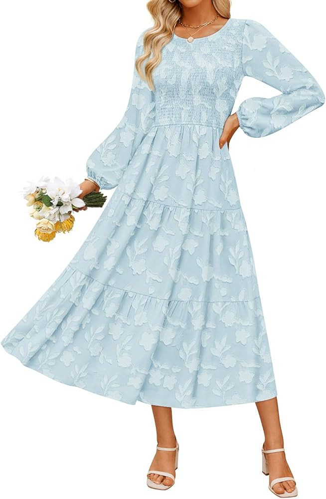 ZESICA Women's Fall Boho Floral Midi Dress 2026 Casual Long Sleeve Crewneck Flowy Wedding Guest L... | Amazon (US)