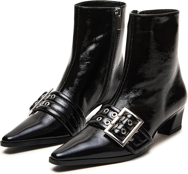 Vaslemuse Women Booties Buckle Ankle Boots Kitten Low Heel Eyelet Booties Sexy Pointy Toe Fashion... | Amazon (US)