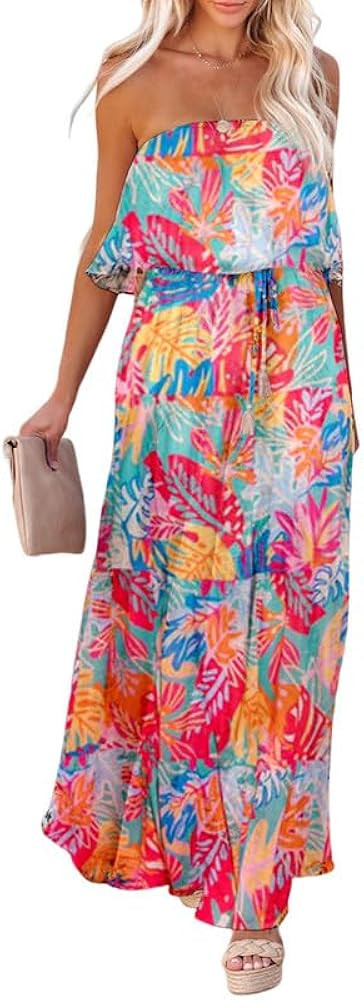 Dokotoo Womens Strapless Dresses Casual Summer High Waist Side Split Flowy Boho Maxi Dress | Amazon (US)