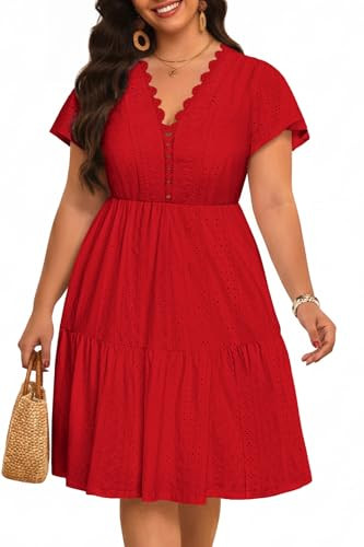 Plus Size Summer Dress - Casual Boho Sundress Eyelet Lace V Neck Short Sleeve Tiered A-Line Midi ... | Amazon (US)