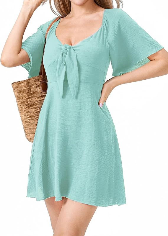 Womens Dresses 2025 Spring Summer Deep V Neck Casual Bow Tie Mini Cocktail Beach Dress | Amazon (US)