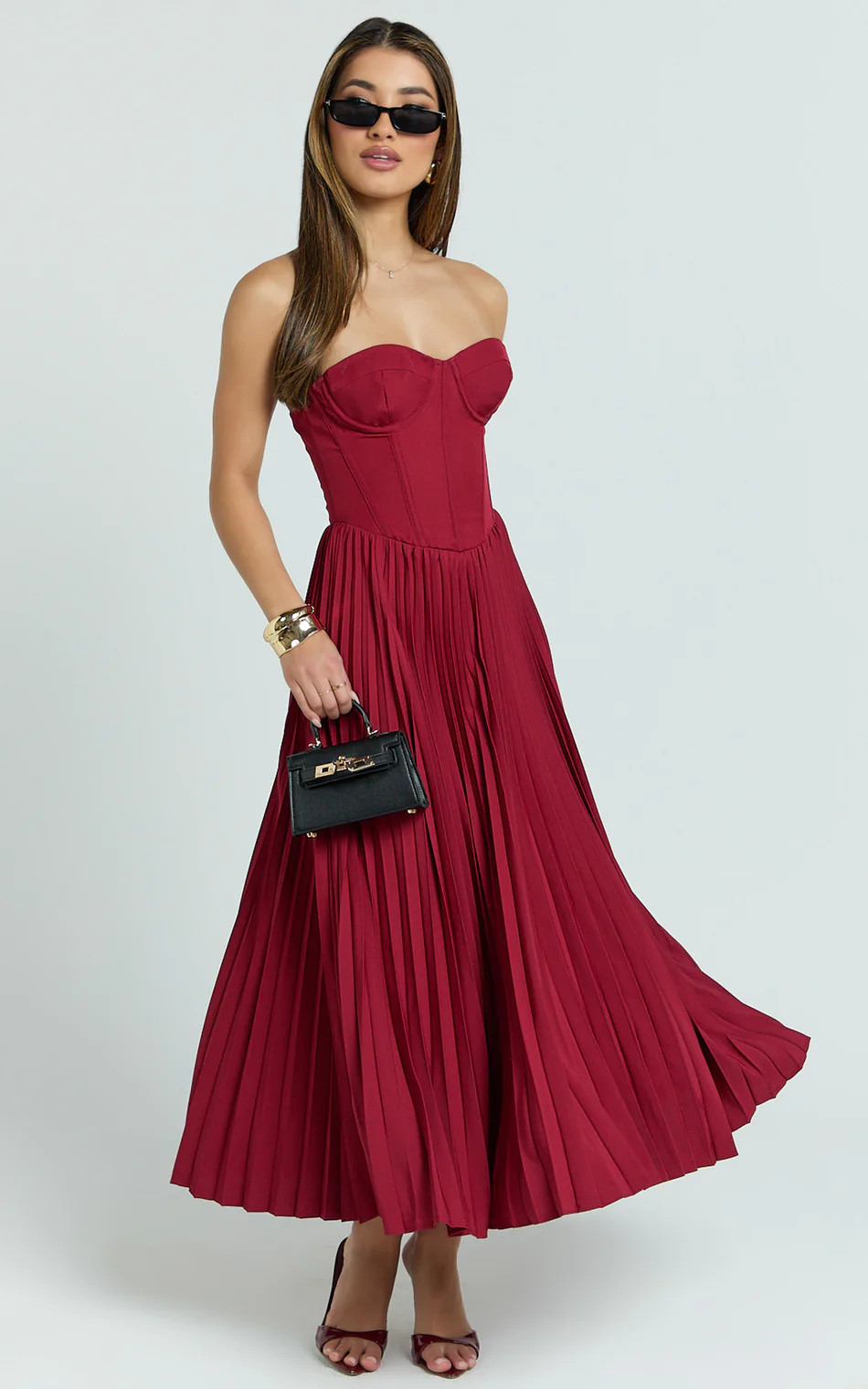 Loretta Midi Dress - Lace Up Back Bustier Pleated Dress in Wine | Showpo (US, UK & Europe)