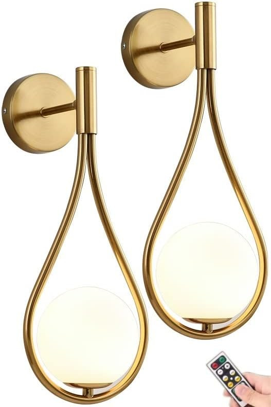 Wireless Wall Sconces Set of 2 Battery Operated Led Remote Dimmable Wall Lighting, Mid Century Mo... | Amazon (US)