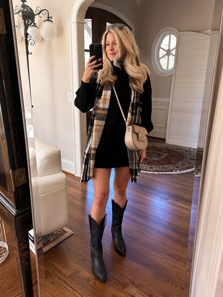Thanksgiving outfit  In love with this Amazon sweater dress!! I’m wearing an xs. It comes in multiple colors. I’m 5’6 and it hits me on the upper thighs. Also, these cowboy boots have been such a hit. I have styled them SO many ways. They are fully stocked! 

#LTKshoecrush #LTKstyletip #LTKunder50