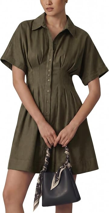 Womens Casual Faux Suede Short Sleeve Shirt Dress Pleated Button Down Tapered Waist Mini Dress wi... | Amazon (US)