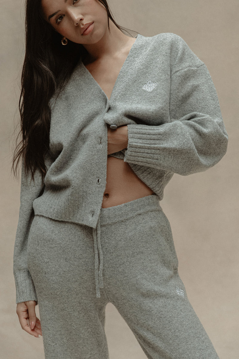 FLUFFY KNIT EMBLEM EMBROIDERED CARDIGAN - GREY MARL | The Couture Club