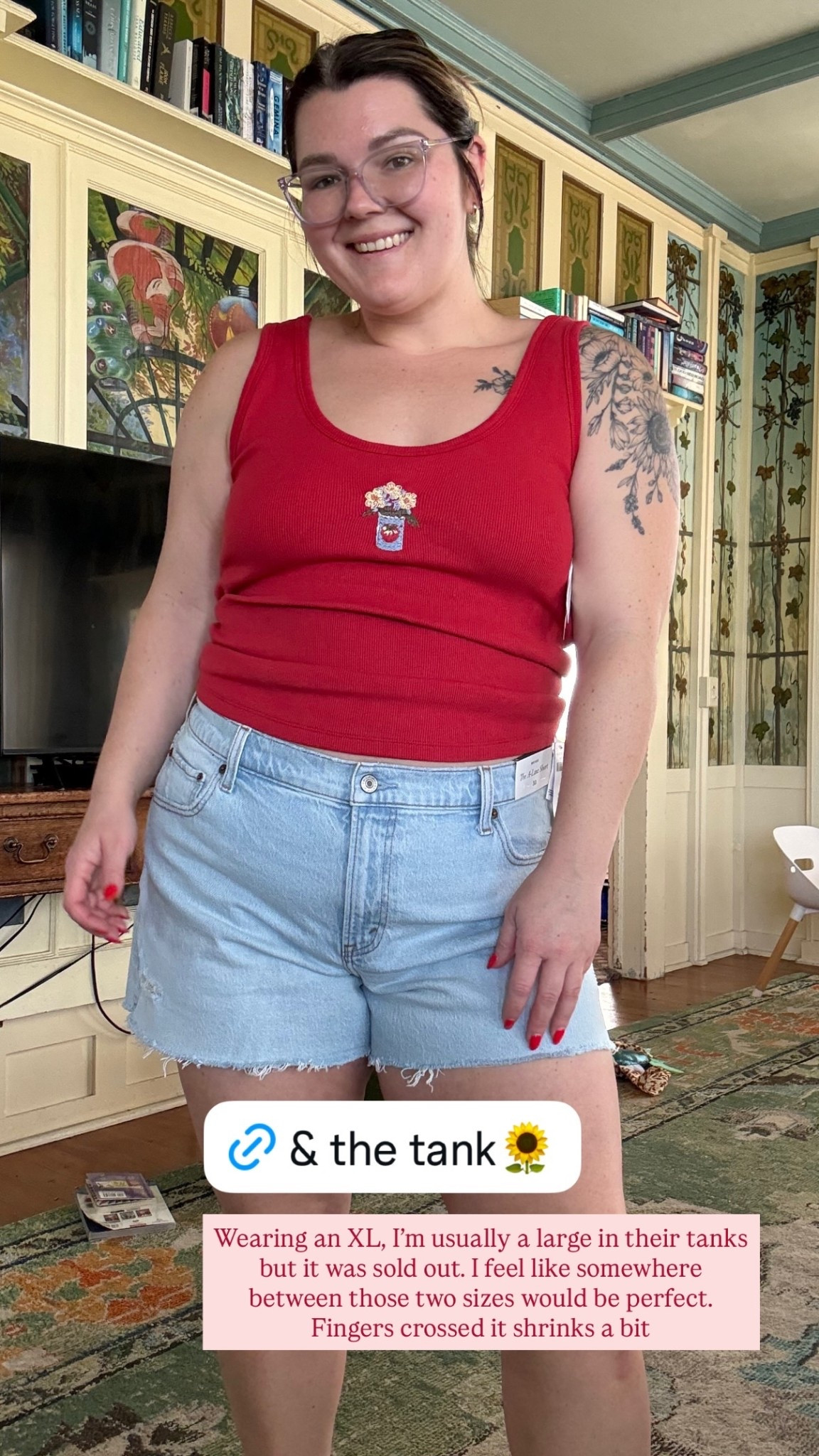 Wearing an XL, I’m usually a large in their tanks but it was sold out. I feel like somewhere between those two sizes would be perfect. Fingers crossed it shrinks a bit