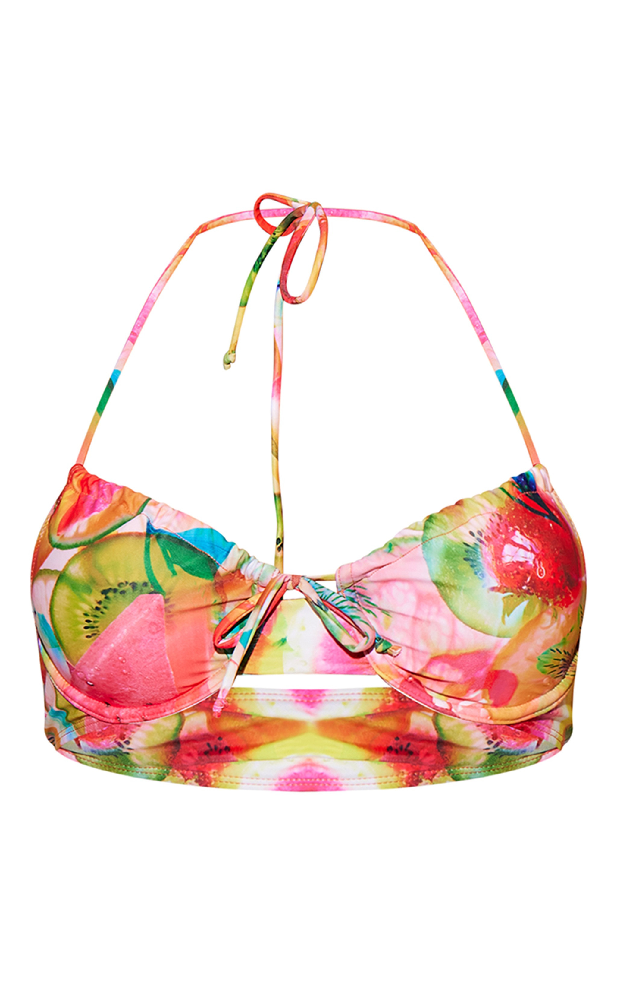 Multi Blurred Fruit Print Ruched Bikini Top | PrettyLittleThing US