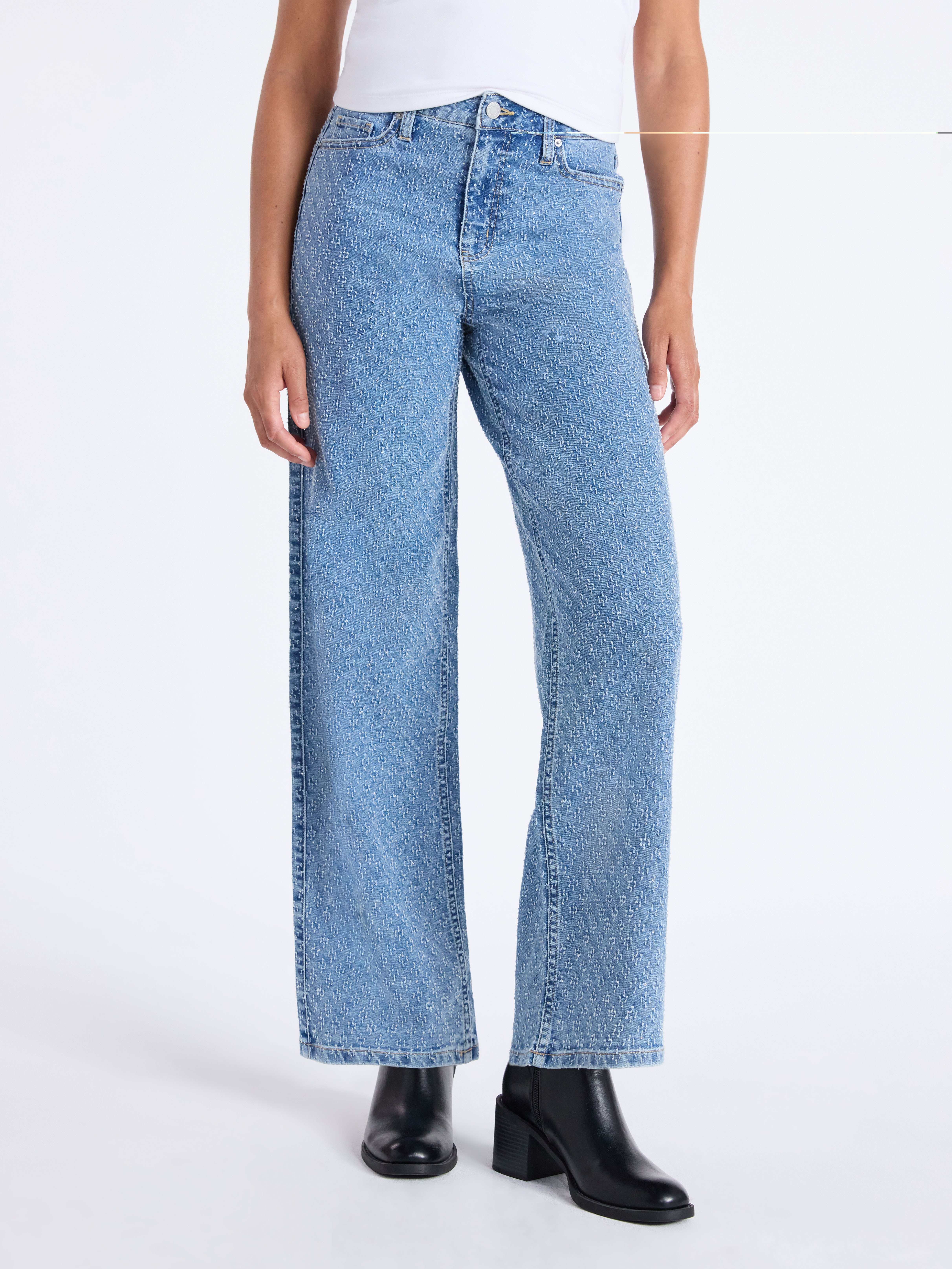 Time and Tru Women's High Rise Rhinestone Embroidered Wide Leg Jeans, Sizes 0-28 | Walmart (US)