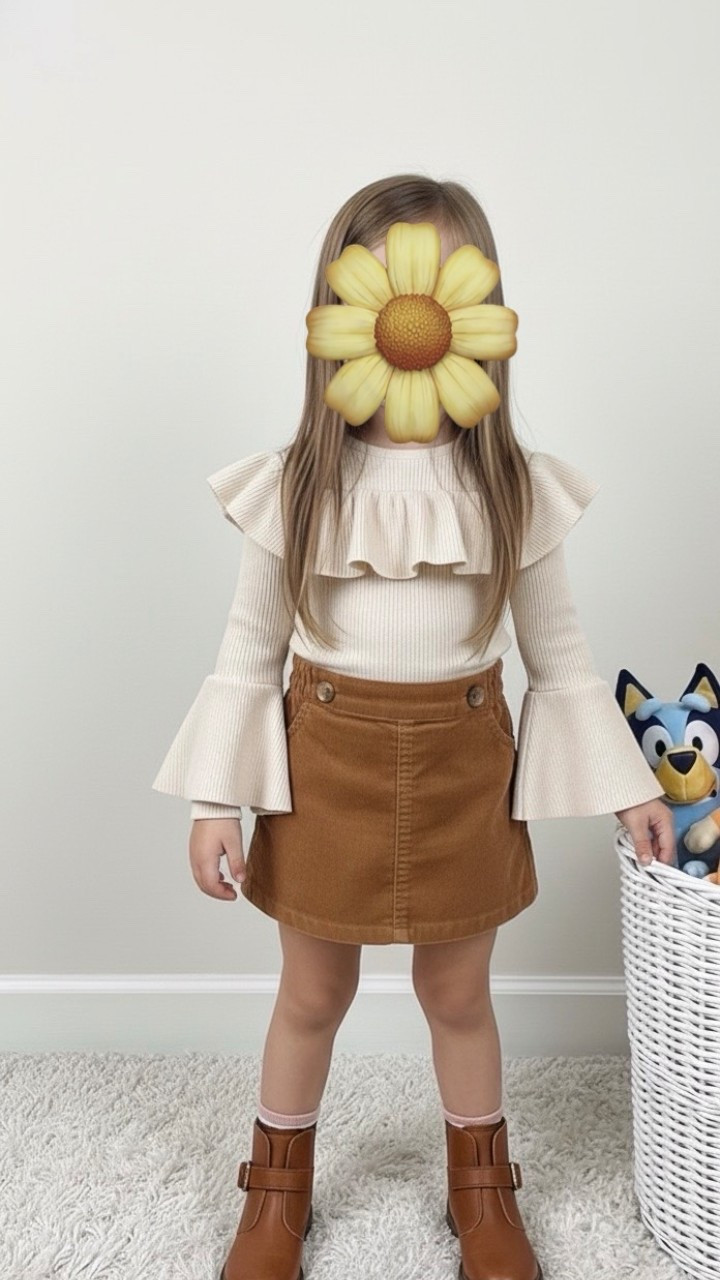 Obsessed with this effortlessly stylish look for little ones! 😍 The ribbed, ruffled bell-sleeve top in creamy beige is a perfect soft neutral, beautifully paired with a rich, caramel-colored corduroy mini-skirt. Finished with matching brown buckle boots and a peek of striped socks for that trendy detail. This is the ultimate winter fashion staple for playdates and holiday photos. Tap to shop this entire outfit before it sells out!

#LTKootd #LTKKids #LTKSeasonal